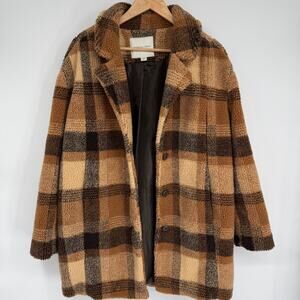 American Eagle Teddy Jacket Women’s Small Brown Plaid Heritage Preppy Classic‎